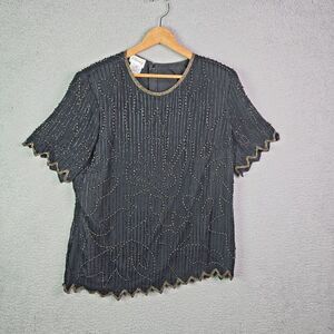 Stenay 3X silk beaded top metallic scalloped black holiday party bling festival